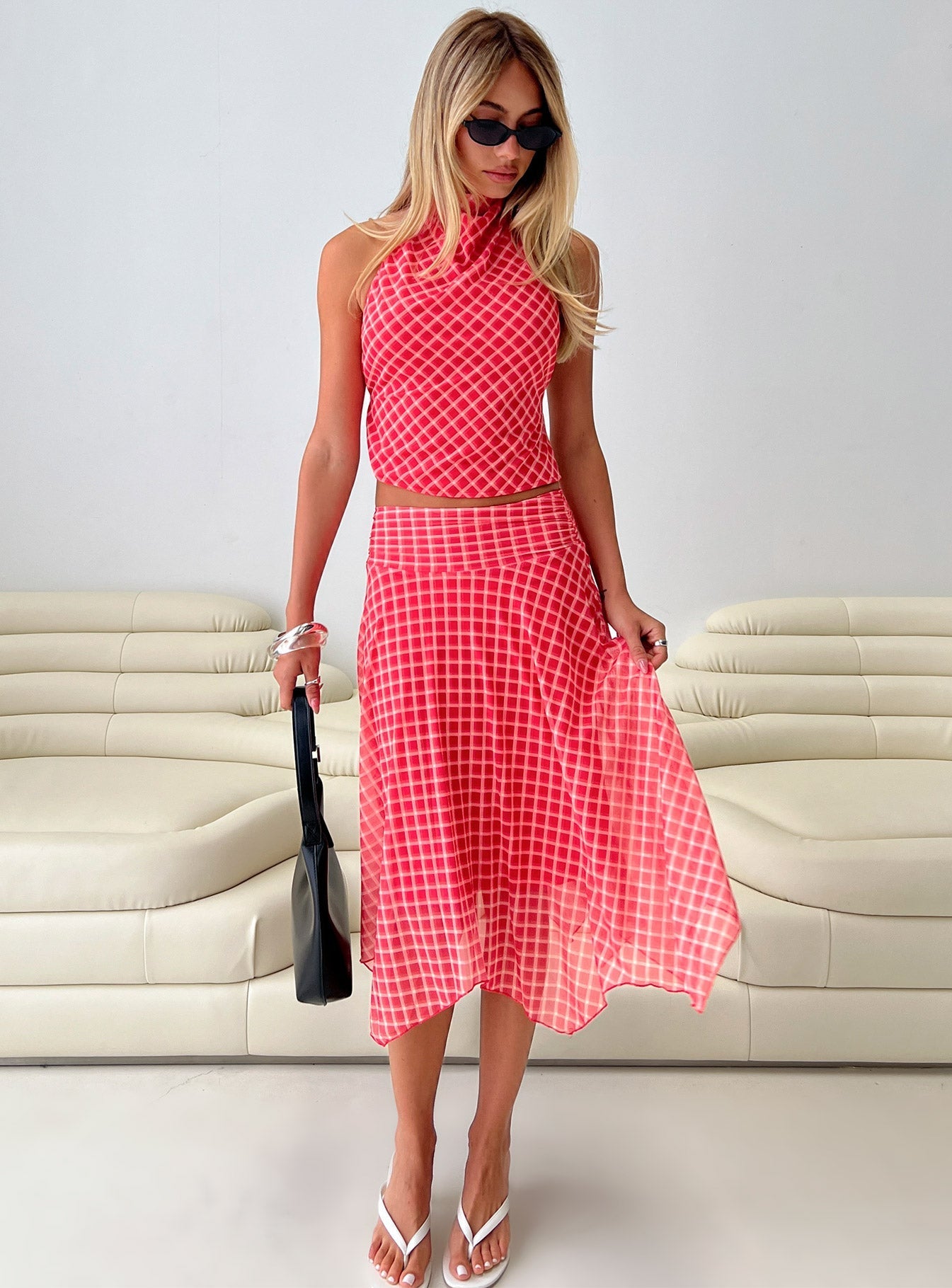 Scenic Route Asymmetrical Midi Skirt Red Check