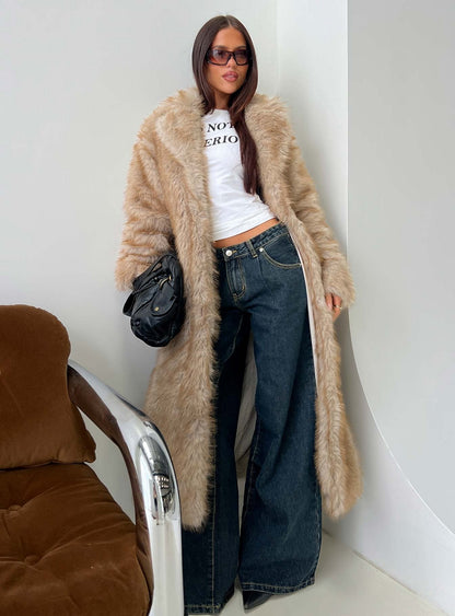 End Of Beginning Faux Fur Longline Jacket Beige
