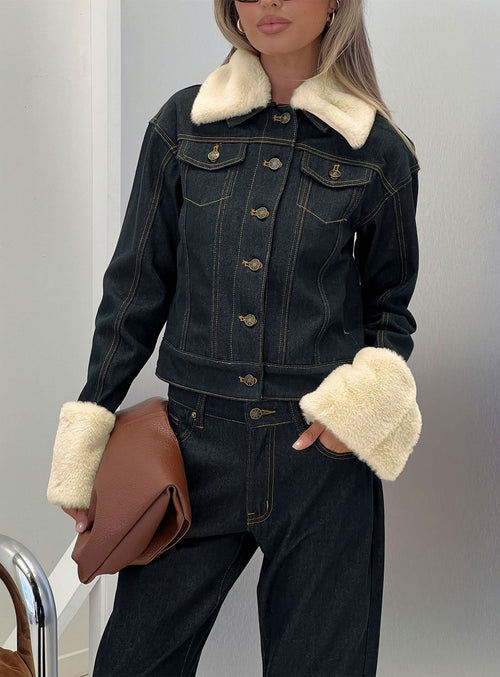 Apres Faux Fur Trim Denim Jacket Indigo