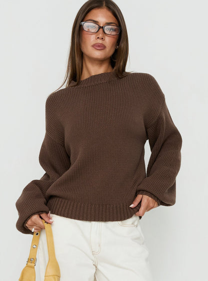 Harmony Balloon Sleeve Knit Sweater Dark Brown