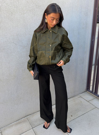 Jaxton Faux Leather Bomber Jacket Olive
