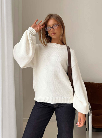 Harmony Balloon Sleeve Knit Sweater White
