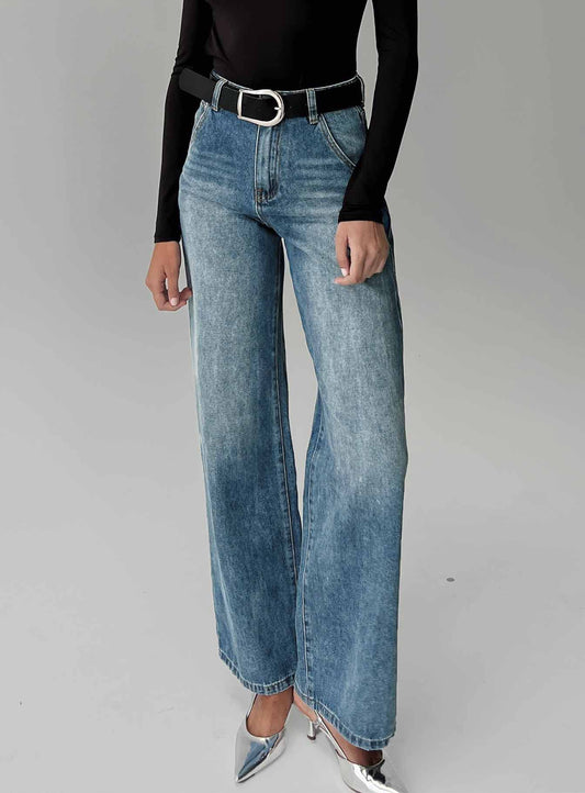 Sacramento High Rise Straight Leg Jeans Mid Blue Denim