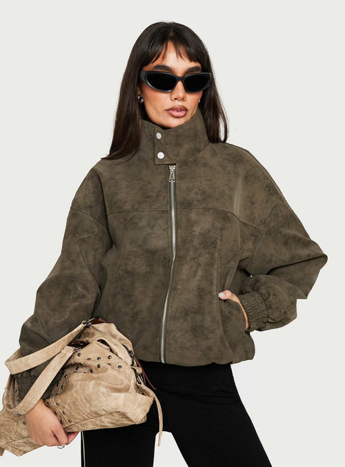Ellissa Faux Suede Bomber Jacket Khaki