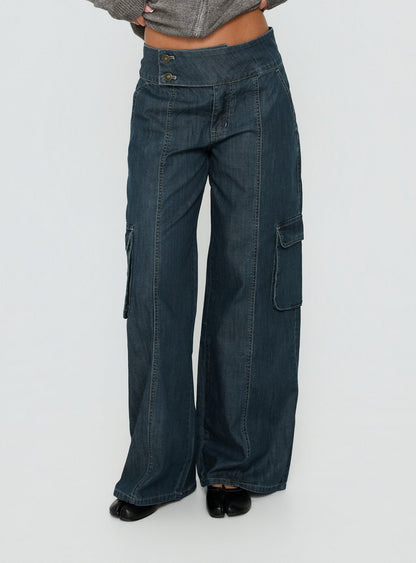 Nikoletta Mid Rise Wide Leg Cargo Jeans Dark Blue Wash