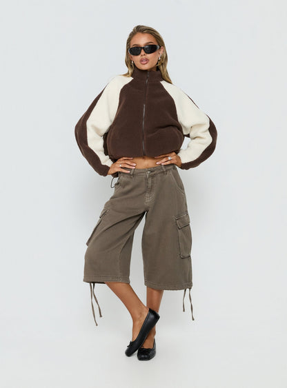 Fair Play Funnel Polar Fleece Zip Jacket Brown / Cream