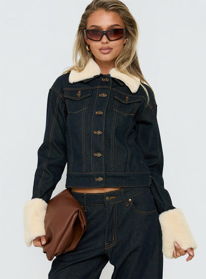 Apres Faux Fur Trim Denim Jacket Indigo