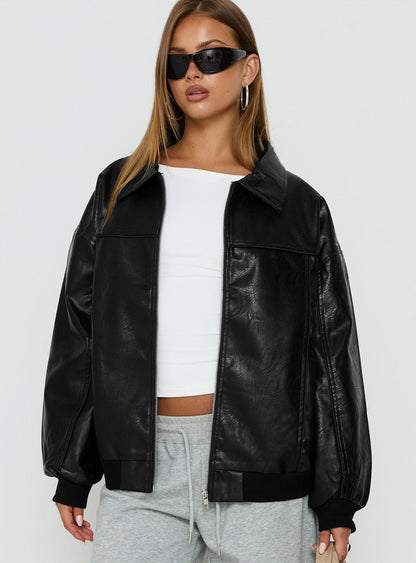 Goldsmith Faux Leather Bomber Jacket Black