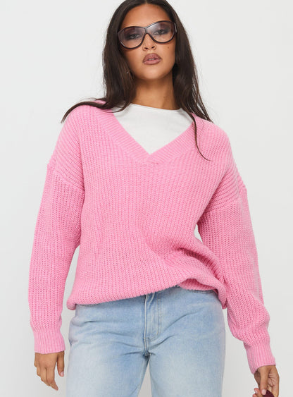 Zoea V Neck Knit Sweater Pink