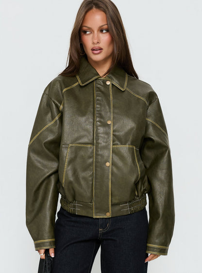 Jaxton Faux Leather Bomber Jacket Olive