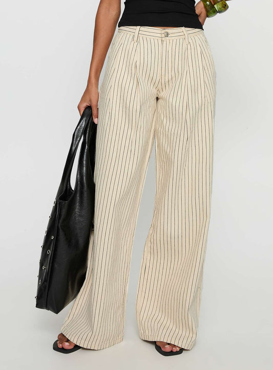 Frankee Wide Leg Mid Rise Denim Jeans Cream Stripe