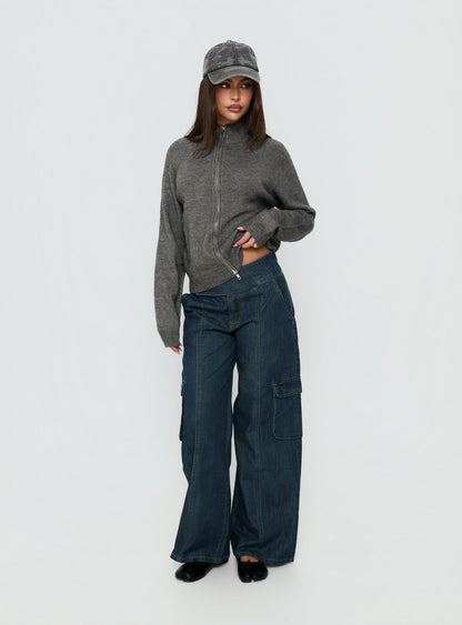 Nikoletta Mid Rise Wide Leg Cargo Jeans Dark Blue Wash