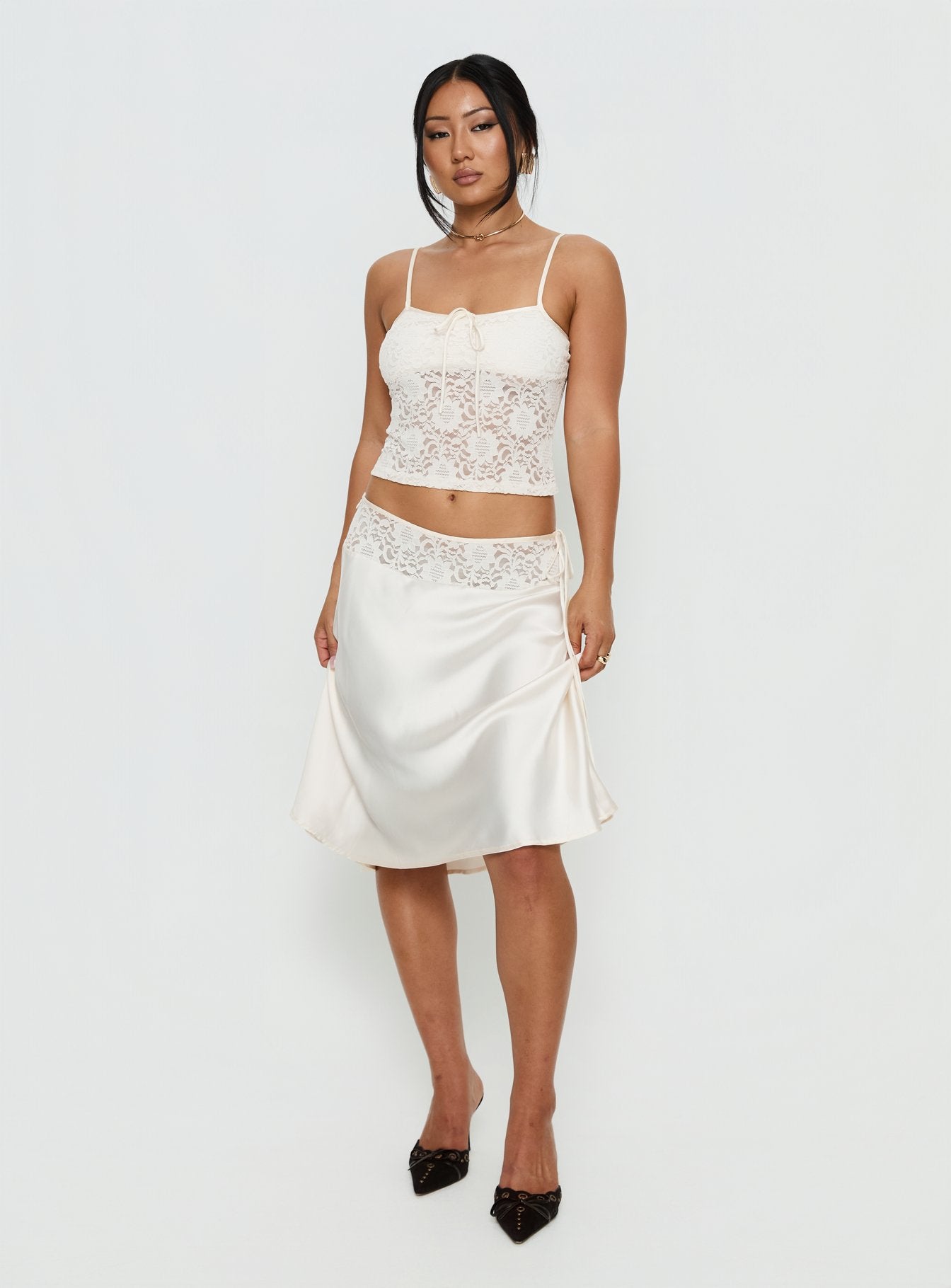 Evlin Lace Detail Satin Midi Skirt Cream