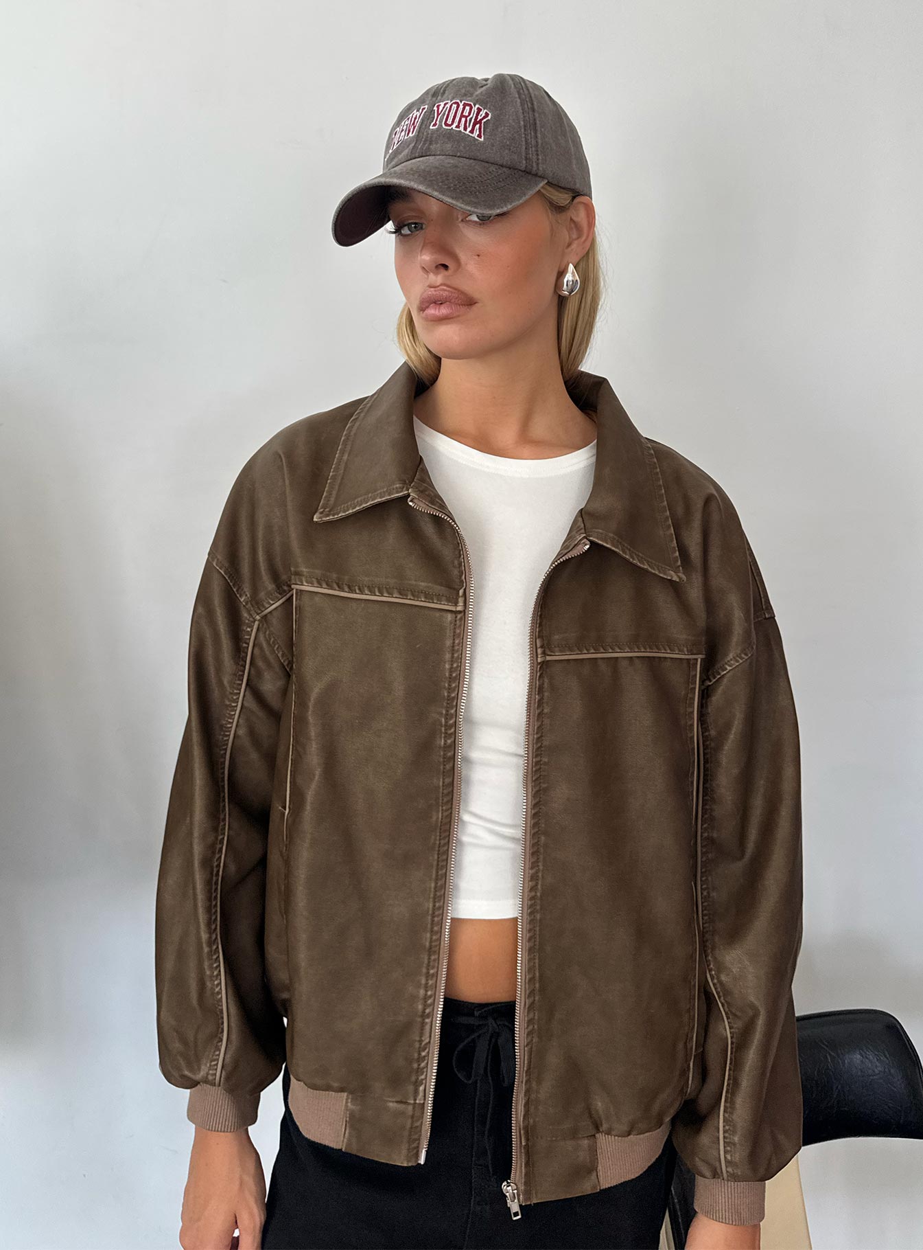 Goldsmith Faux Leather Bomber Jacket Washed Dark Brown