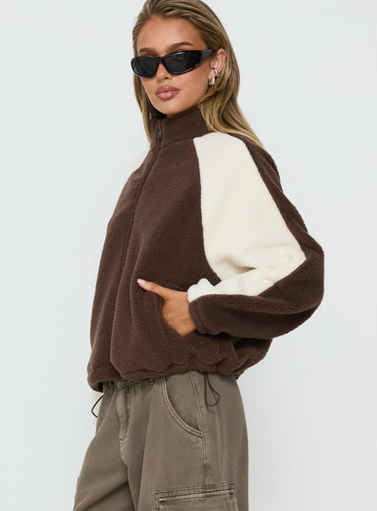 Fair Play Funnel Polar Fleece Zip Jacket Brown / Cream