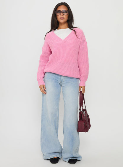 Zoea V Neck Knit Sweater Pink