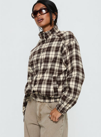 Khodana Funnel Neck Button Down Jacket Brown Check