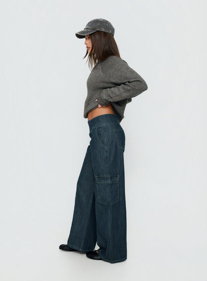 Nikoletta Mid Rise Wide Leg Cargo Jeans Dark Blue Wash