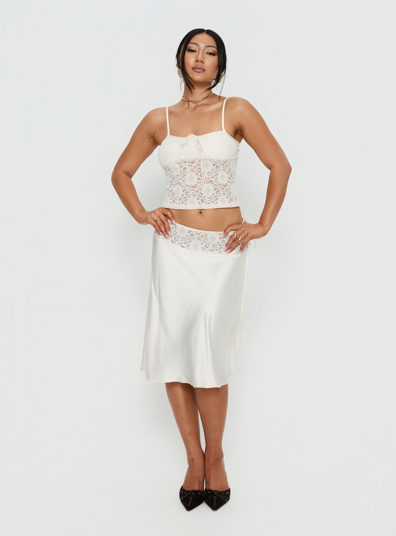 Evlin Lace Detail Satin Midi Skirt Cream