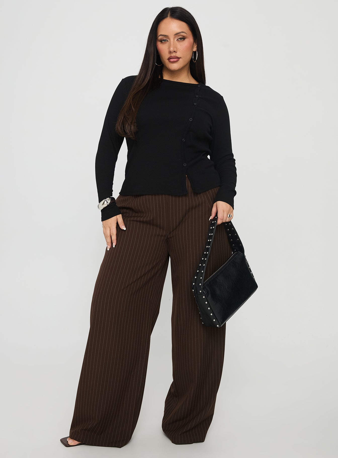 Khane Low Rise Wide Leg Pant Brown Pinstripe Curve