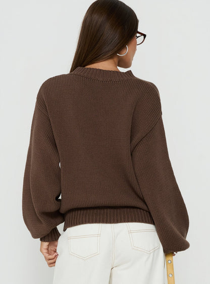 Harmony Balloon Sleeve Knit Sweater Dark Brown