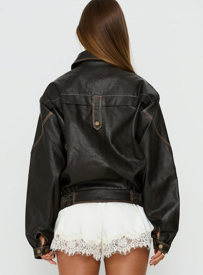 Jaxton Faux Leather Jacket Brown Petite