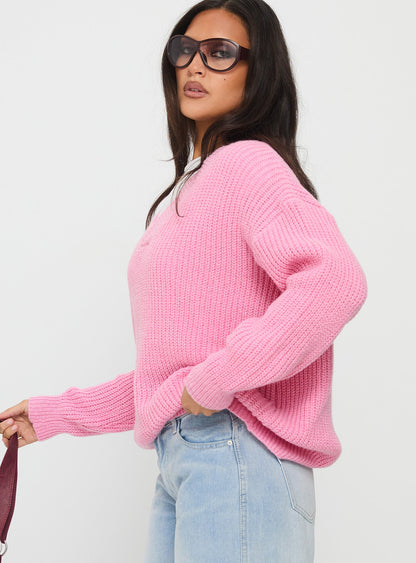 Zoea V Neck Knit Sweater Pink