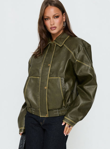 Jaxton Faux Leather Bomber Jacket Olive