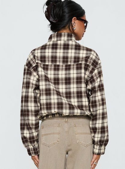 Khodana Funnel Neck Button Down Jacket Brown Check