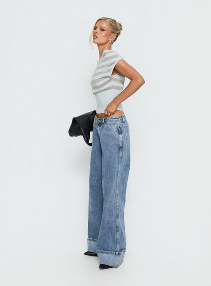 Ramos Diamante Low Rise Wide Leg Jeans Washed Mid Blue