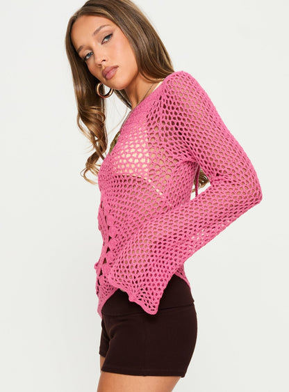 Majestica Long Sleeve Crochet Jumper Pink
