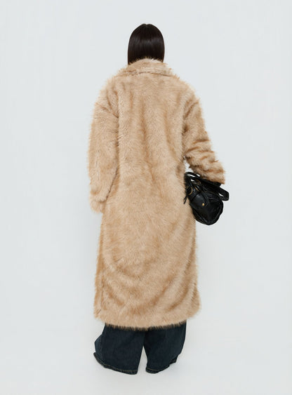End Of Beginning Faux Fur Longline Jacket Beige