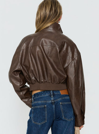 Ace Player Funnel Neck Faux Leather Jacket Brown