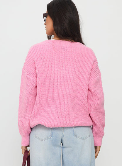 Zoea V Neck Knit Sweater Pink