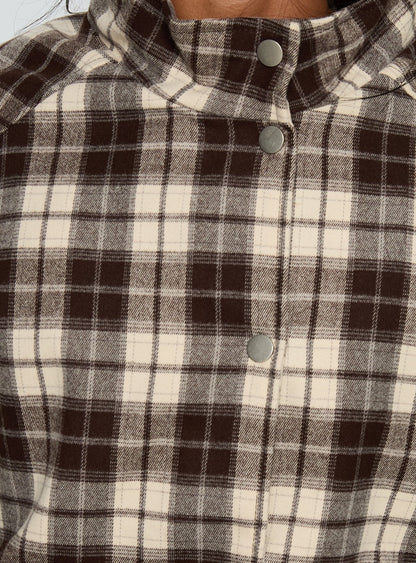 Khodana Funnel Neck Button Down Jacket Brown Check