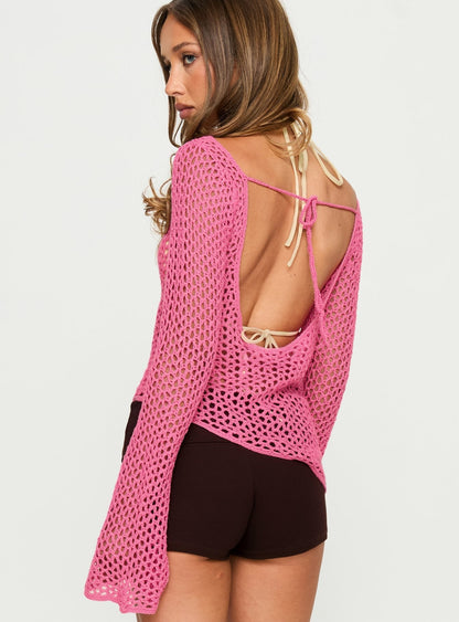 Majestica Long Sleeve Crochet Jumper Pink