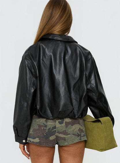Panoramic Faux Leather Cropped Jacket Black