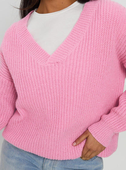 Zoea V Neck Knit Sweater Pink