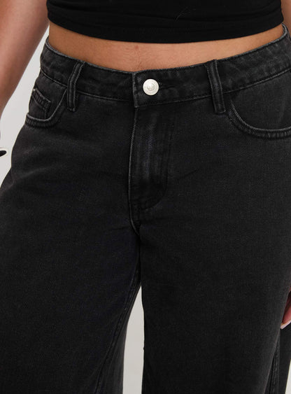 Ramos Low Rise Wide Leg Denim Jeans Washed Black