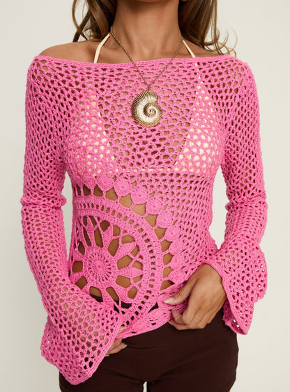 Majestica Long Sleeve Crochet Jumper Pink