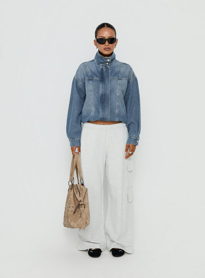 Alfea Funnel Neck Denim Bomber Jacket Mid Blue Wash