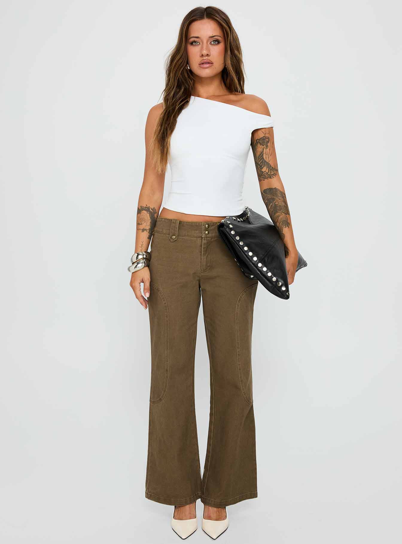Cuzco Low Rise Flared Cargo Jeans Dark Khaki
