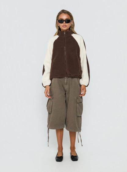 Fair Play Funnel Polar Fleece Zip Jacket Brown / Cream