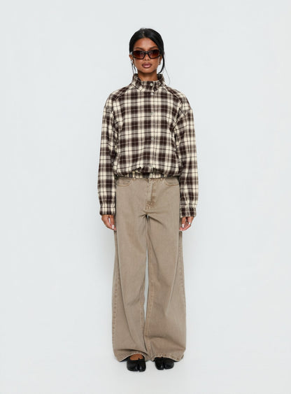 Khodana Funnel Neck Button Down Jacket Brown Check
