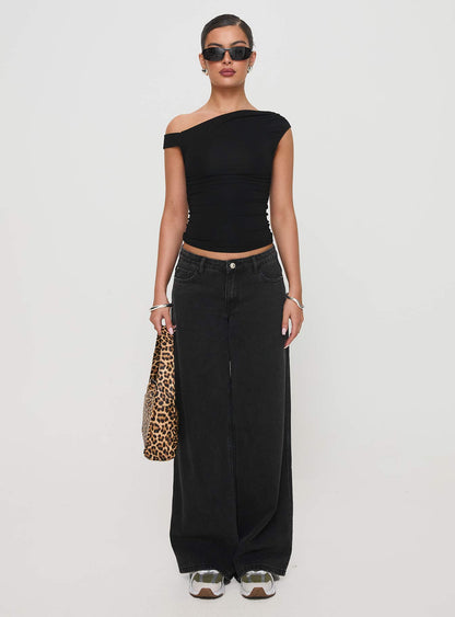 Ramos Low Rise Wide Leg Denim Jeans Washed Black