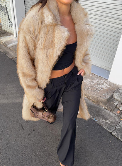 End Of Beginning Faux Fur Longline Jacket Beige