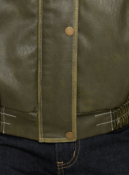 Jaxton Faux Leather Bomber Jacket Olive