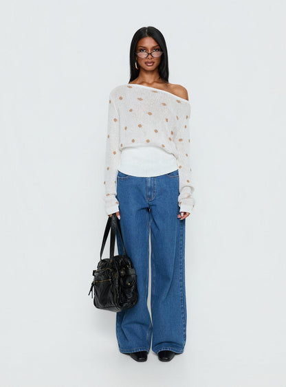 Harvy Off Shoulder Knit Sweater White Polka