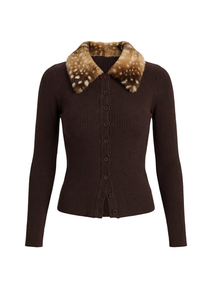 Chiqueeta Faux Fur Trim Knit Cardigan Brown