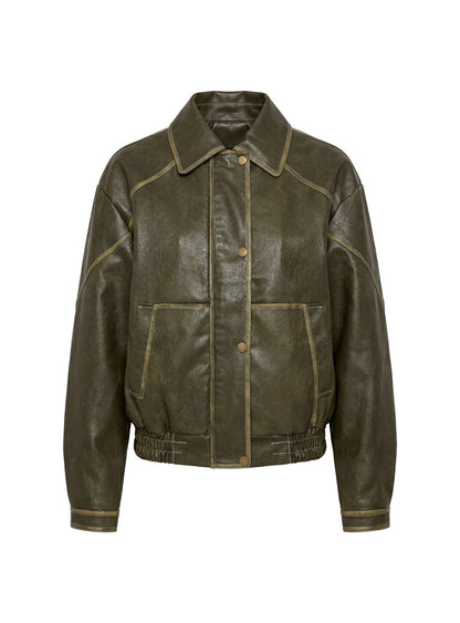 Jaxton Faux Leather Bomber Jacket Olive
